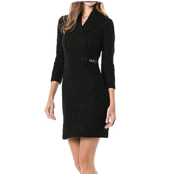Calvin Klein Womens Cable Knit Sweater Dress Size L Shawl Collar Old Money Black - Picture 1 of 9